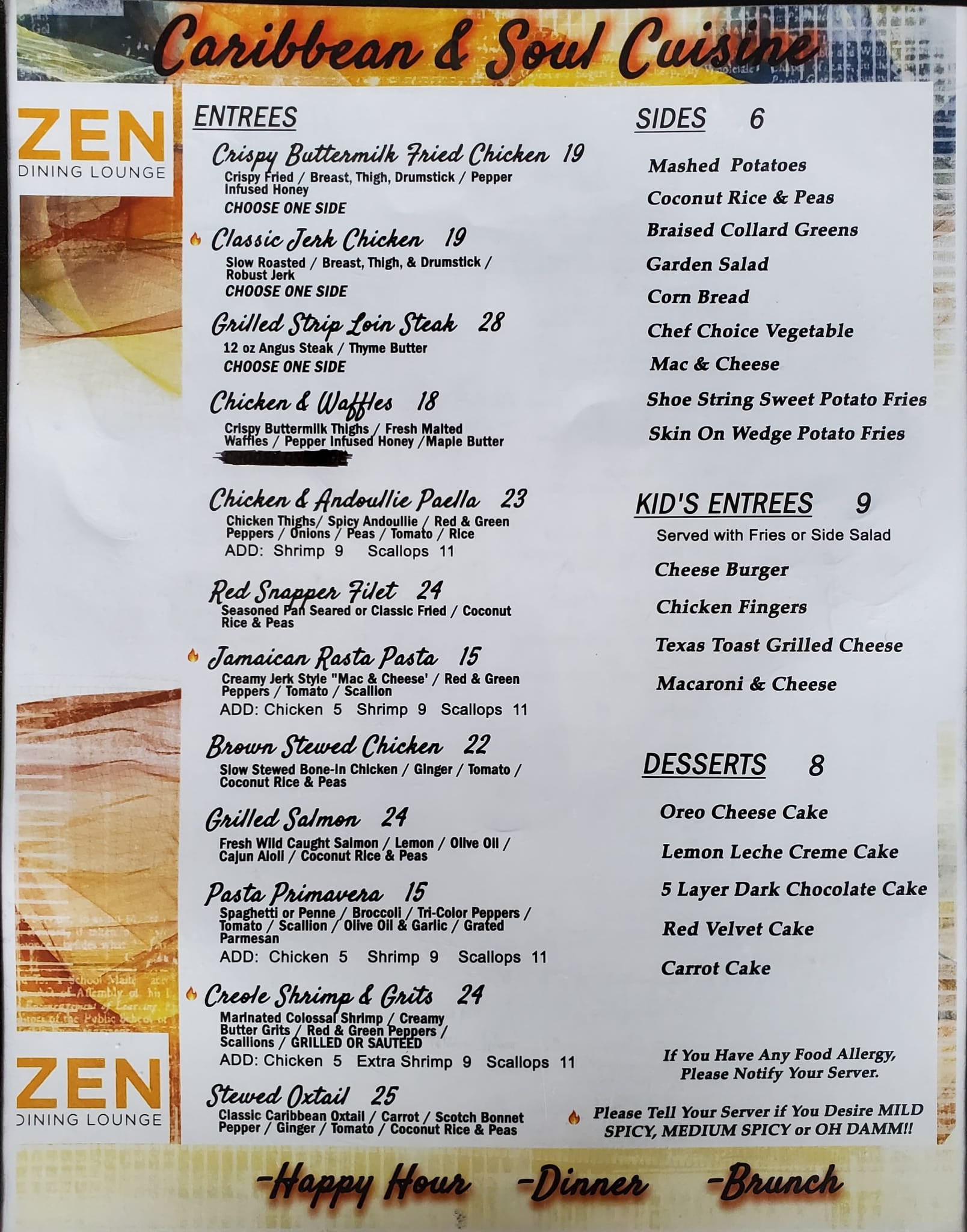 Menu Zen Dining Lounge   Entree 